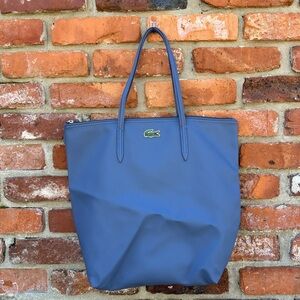 Lacoste Blue Gray Tote with Croc Logo Leather Zippered Top Double Strap